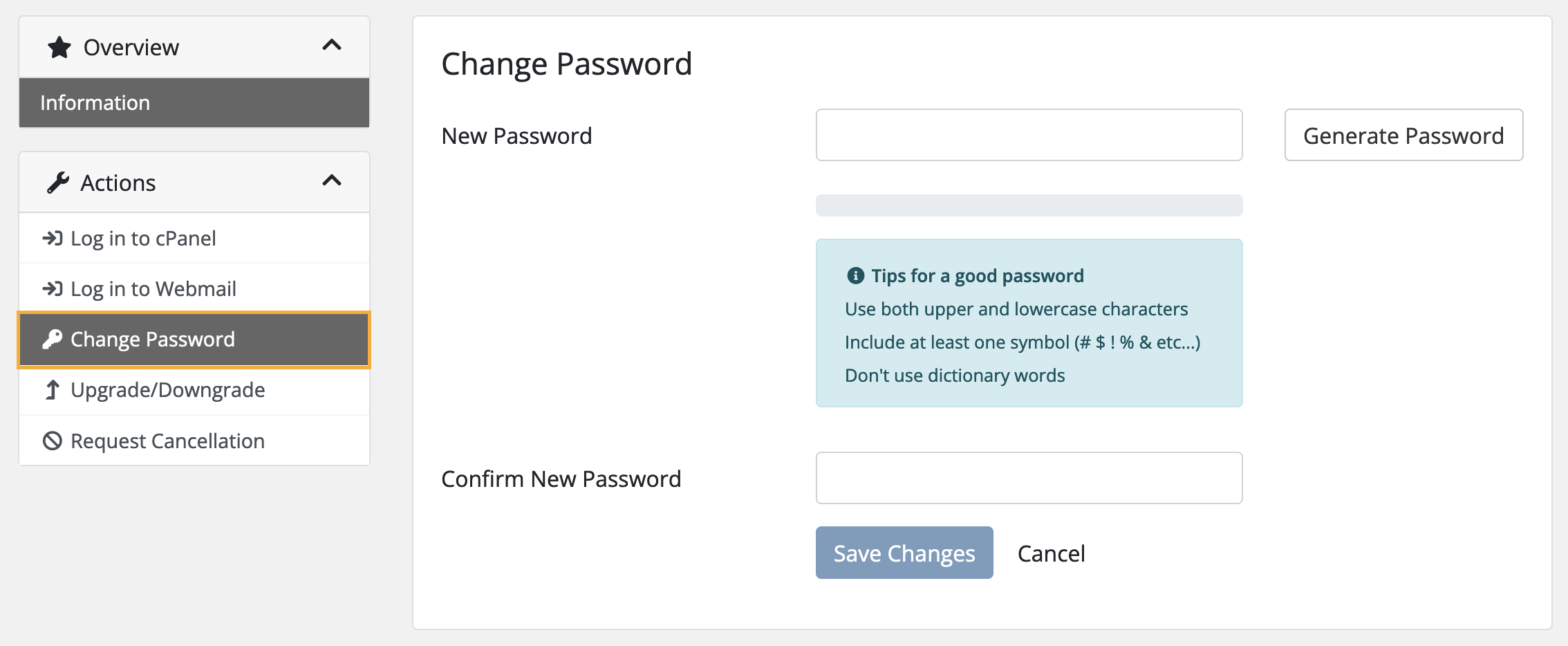 Client area shows links for changing cPanel password